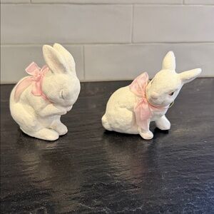 Bethany Lowe Pair of White Decorative Bunny Figurines with Pink Bows